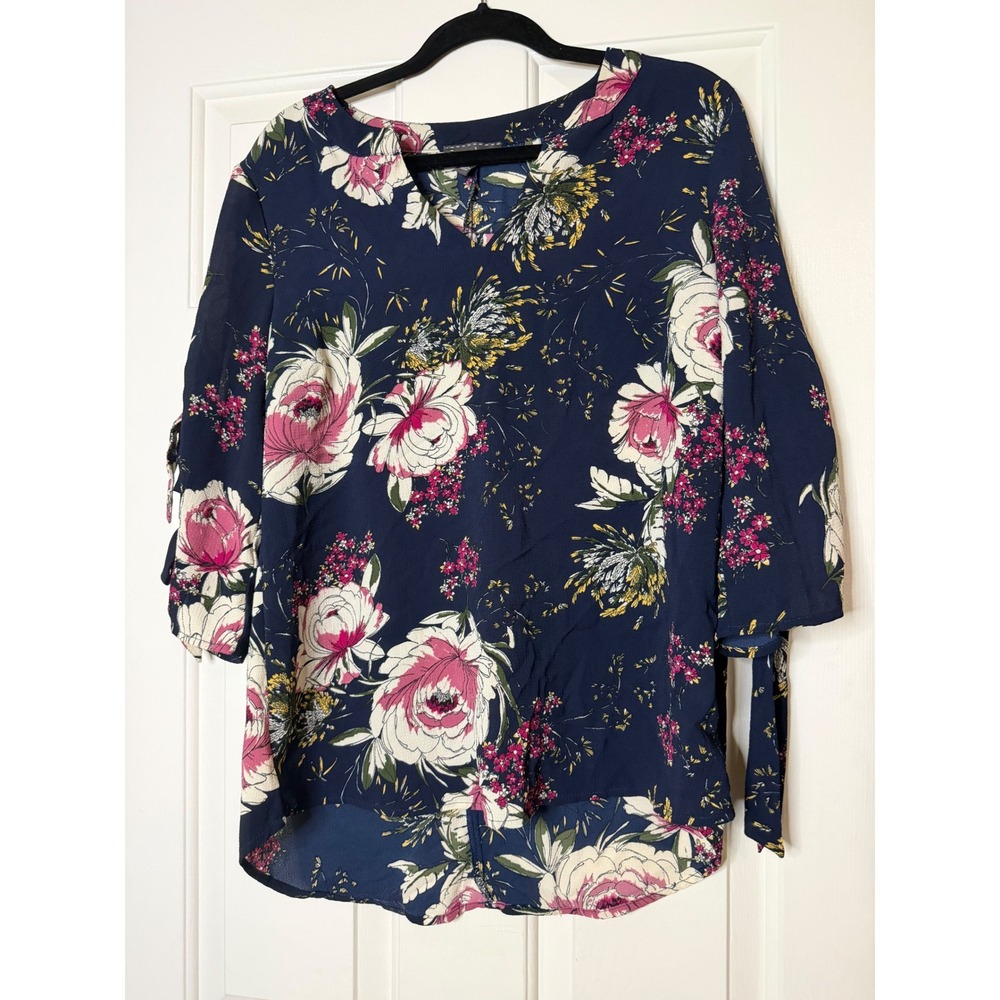 Luxology Navy Blue Floral V-Neck Blouse with Tie Sleeves Size M